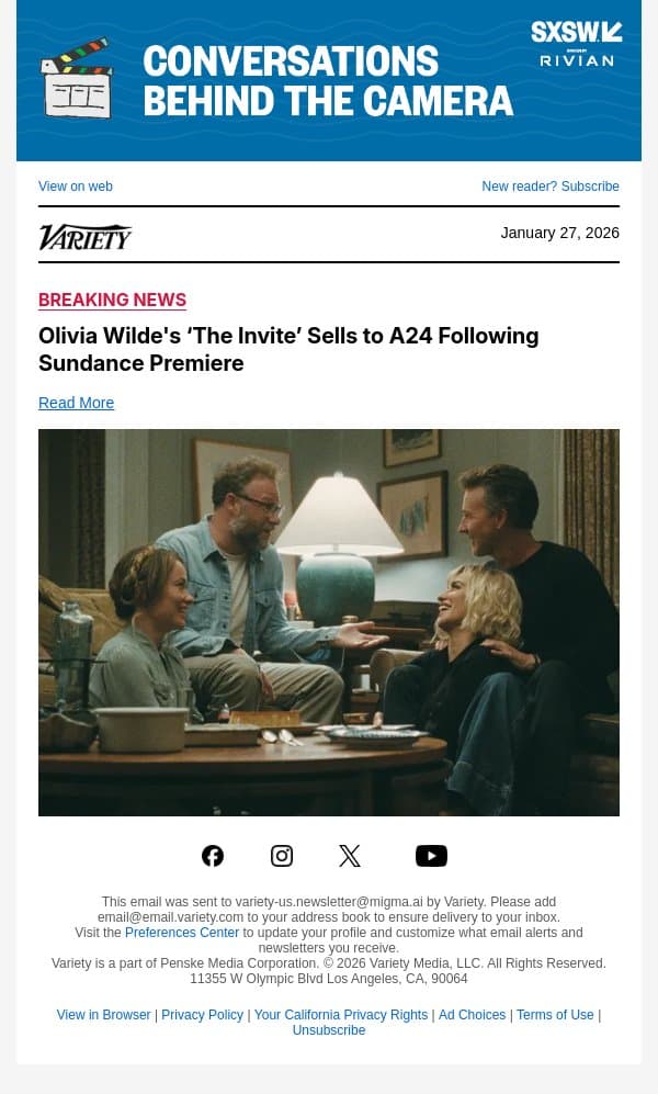 Olivia Wilde's ‘The Invite’ Sells to A24 Following Sundance Premiere email from Variety screenshot