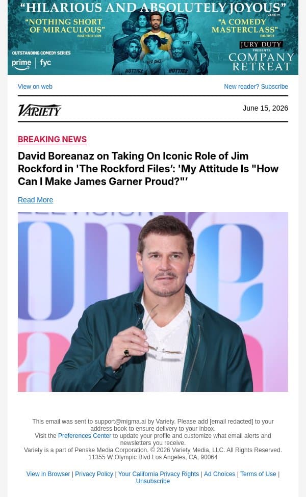 David Boreanaz on Taking On Iconic Role of Jim Rockford in 'The Rockford Files’: 'My Attitude Is "How Can I Make James Garner Proud?"’ email from Variety screenshot