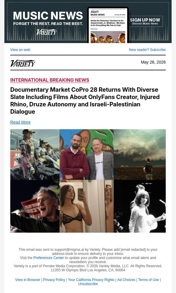 Documentary Market CoPro 28 Returns With Diverse Slate Including Films About OnlyFans Creator, Injured Rhino, Druze Autonomy and Israeli-Palestinian Dialogue email from Variety screenshot