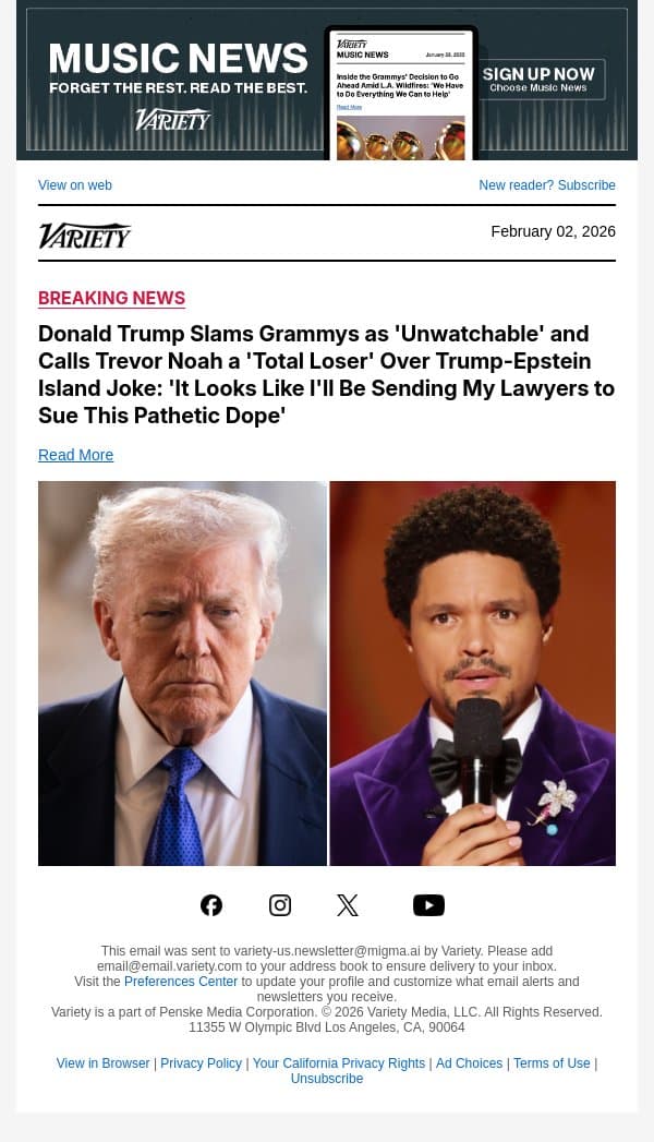 Donald Trump Slams Grammys as 'Unwatchable' and Calls Trevor Noah a 'Total Loser' Over Trump-Epstein Island Joke: 'It Looks Like I'll Be Sending My Lawyers to Sue This Pathetic Dope' email from Variety screenshot
