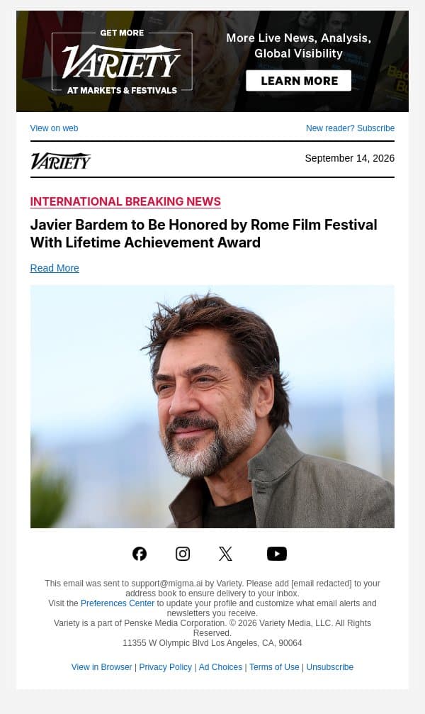 Javier Bardem to Be Honored by Rome Film Festival With Lifetime Achievement Award email from Variety screenshot
