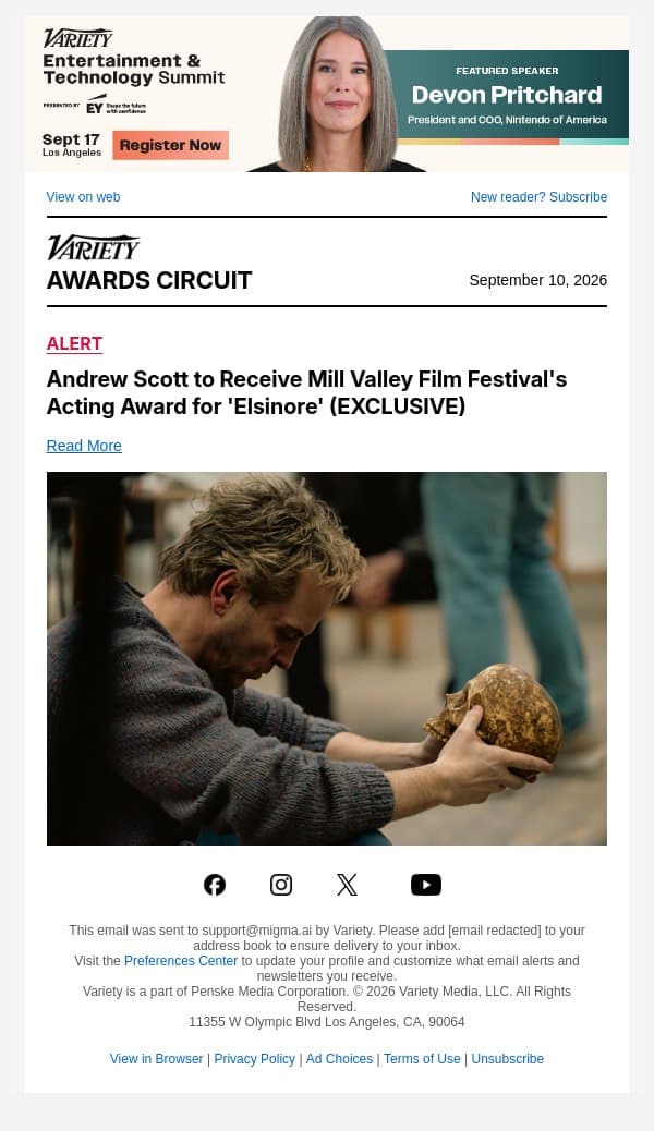 Andrew Scott to Receive Mill Valley Film Festival's Acting Award for 'Elsinore' (EXCLUSIVE) email from Variety screenshot