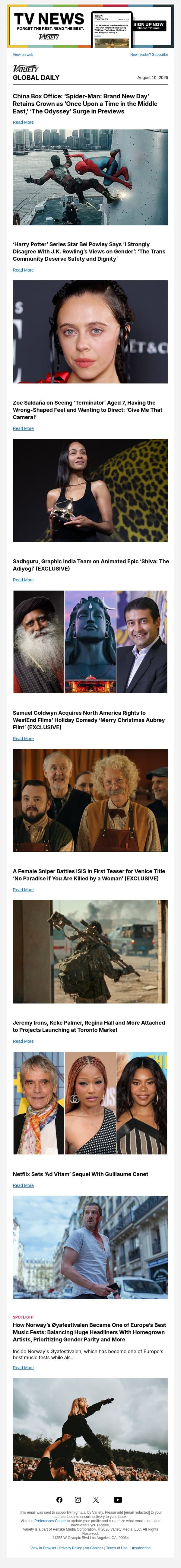 'Spider-Man' Dominates in China; Bel Powley on J.K. Rowling; Zoe Saldaña at Locarno email from Variety screenshot