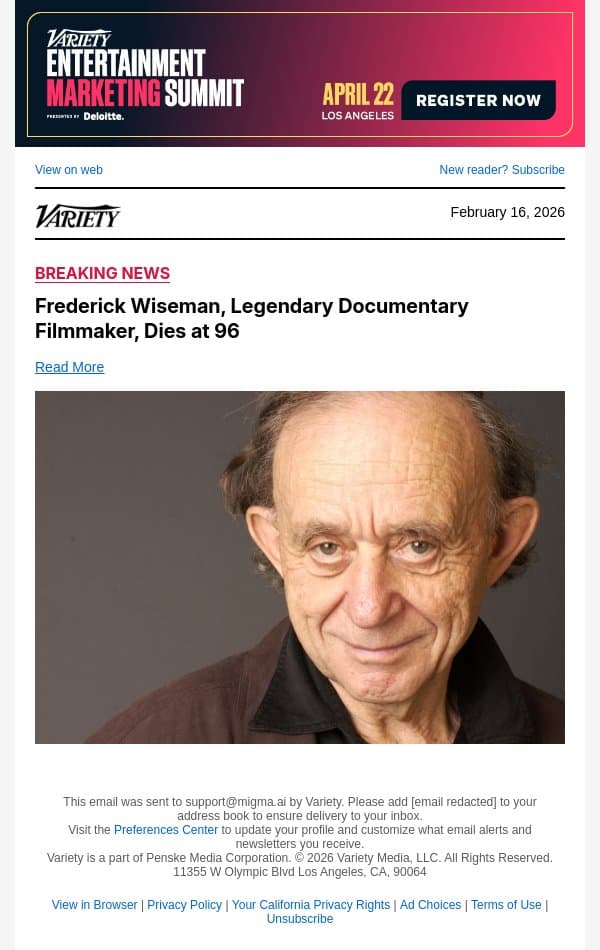 Frederick Wiseman, Legendary Documentary Filmmaker, Dies at 96 email from Variety screenshot