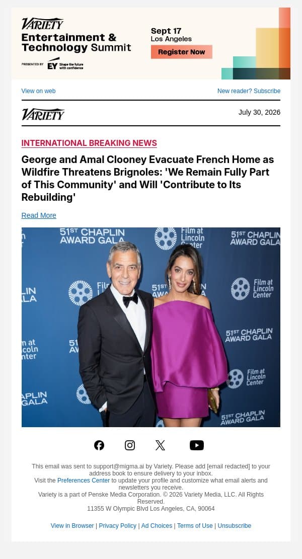 George and Amal Clooney Evacuate French Home as Wildfire Threatens Brignoles: 'We Remain Fully Part of This Community' and Will 'Contribute to Its Rebuilding' email from Variety screenshot