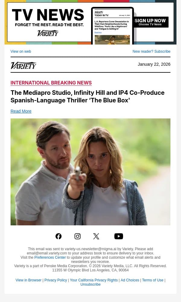 The Mediapro Studio, Infinity Hill and IP4 Co-Produce Spanish-Language Thriller ‘The Blue Box' email from Variety screenshot