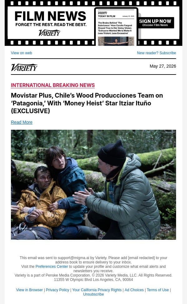 Movistar Plus, Chile’s Wood Producciones Team on ‘Patagonia,’ With ‘Money Heist’ Star Itziar Ituño (EXCLUSIVE) email from Variety screenshot