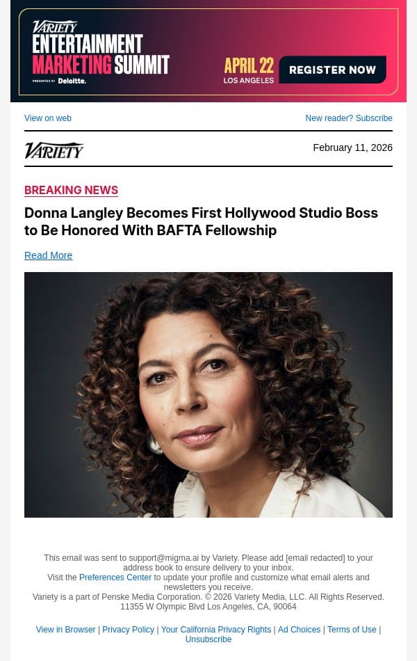 Donna Langley Becomes First Hollywood Studio Boss to Be Honored With BAFTA Fellowship email from Variety screenshot