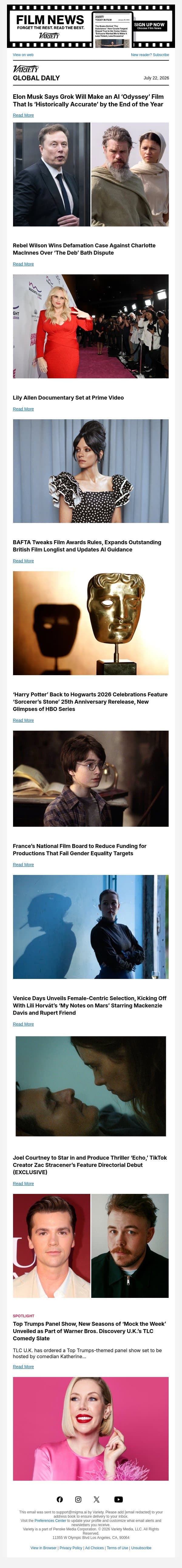 Elon Musk's AI 'Odyssey'; Rebel Wilson Wins Defamation Case; Lily Allen Documentary email from Variety screenshot