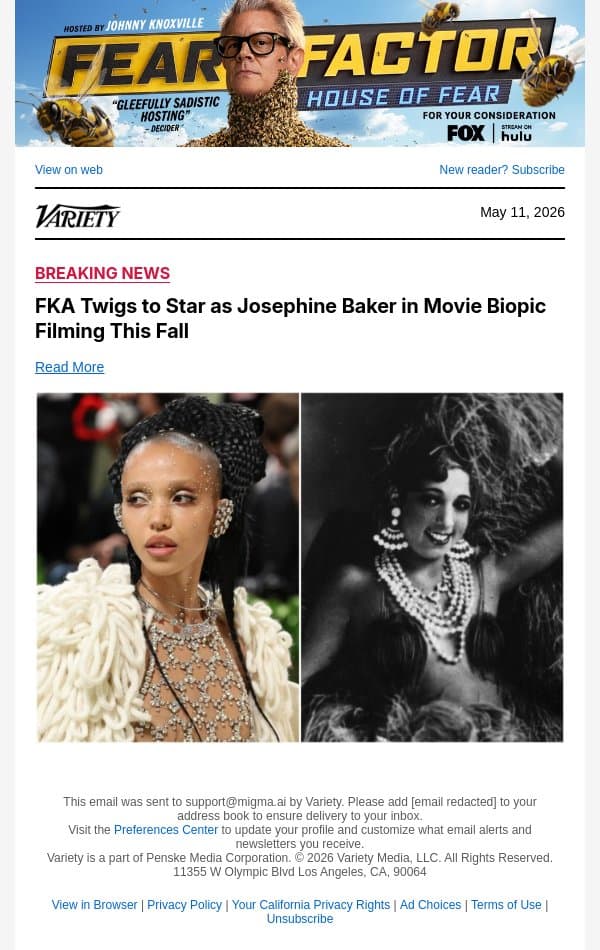 FKA Twigs to Star as Josephine Baker in Movie Biopic Filming This Fall email from Variety screenshot