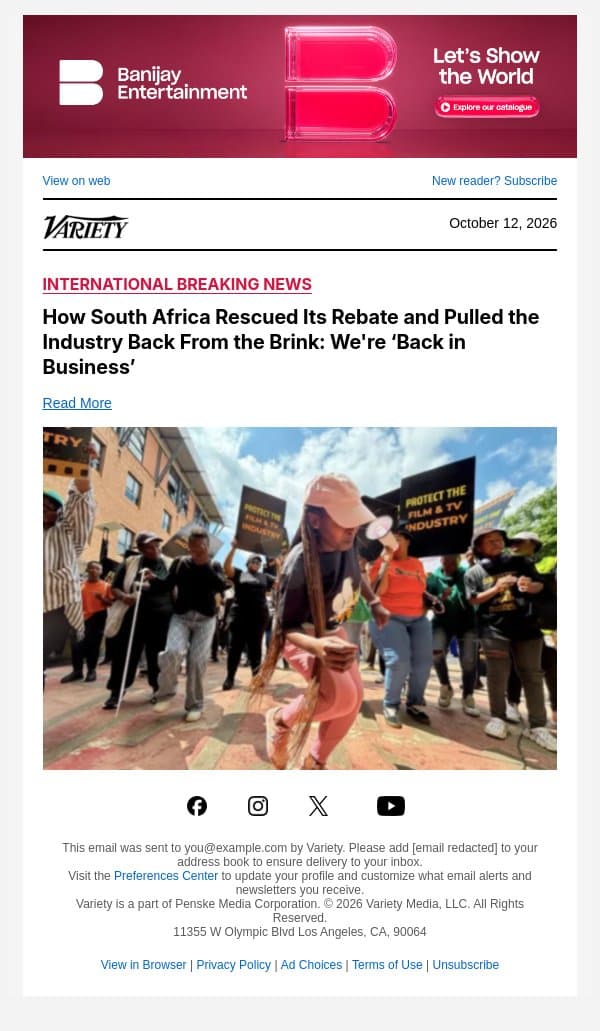 How South Africa Rescued Its Rebate and Pulled the Industry Back From the Brink: We're ‘Back in Business’ email from Variety screenshot