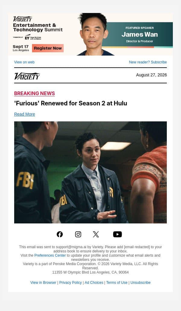 'Furious' Renewed for Season 2 at Hulu email from Variety screenshot
