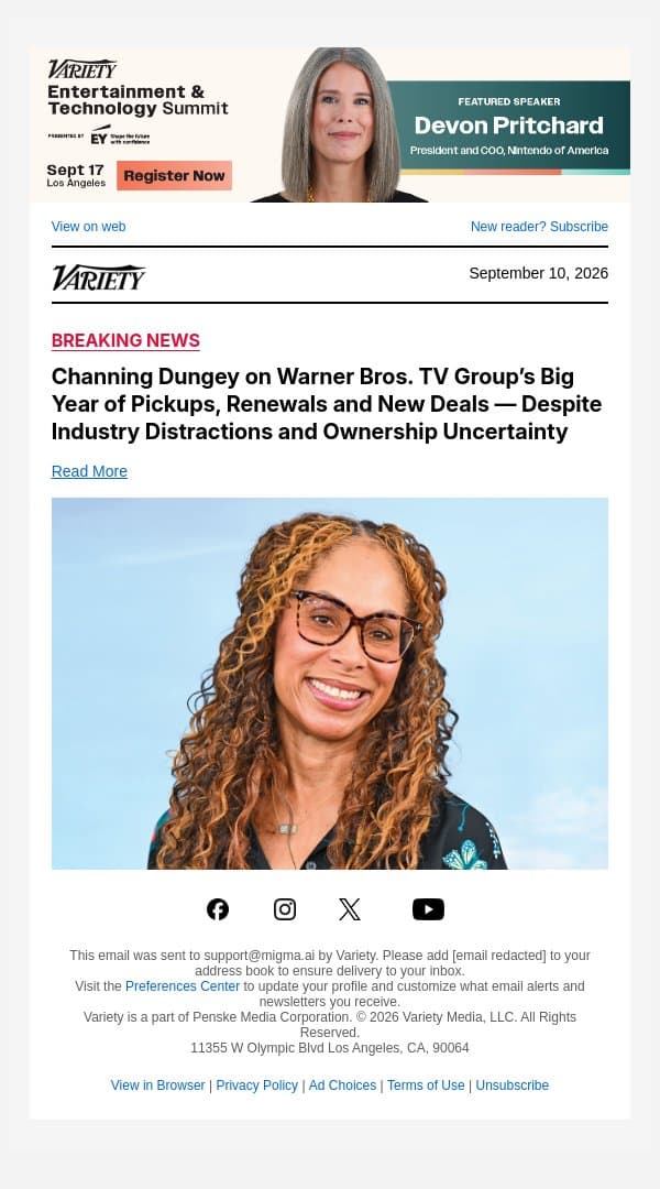 Channing Dungey on Warner Bros. TV Group’s Big Year of Pickups, Renewals and New Deals — Despite Industry Distractions and Ownership Uncertainty email from Variety screenshot