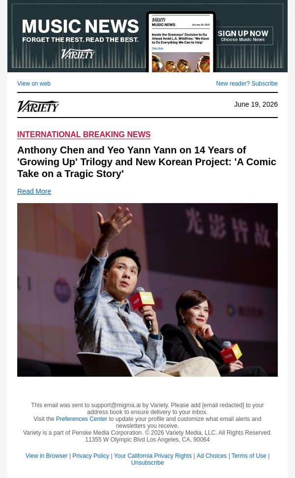 Anthony Chen and Yeo Yann Yann on 14 Years of 'Growing Up' Trilogy and New Korean Project: 'A Comic Take on a Tragic Story' email from Variety screenshot