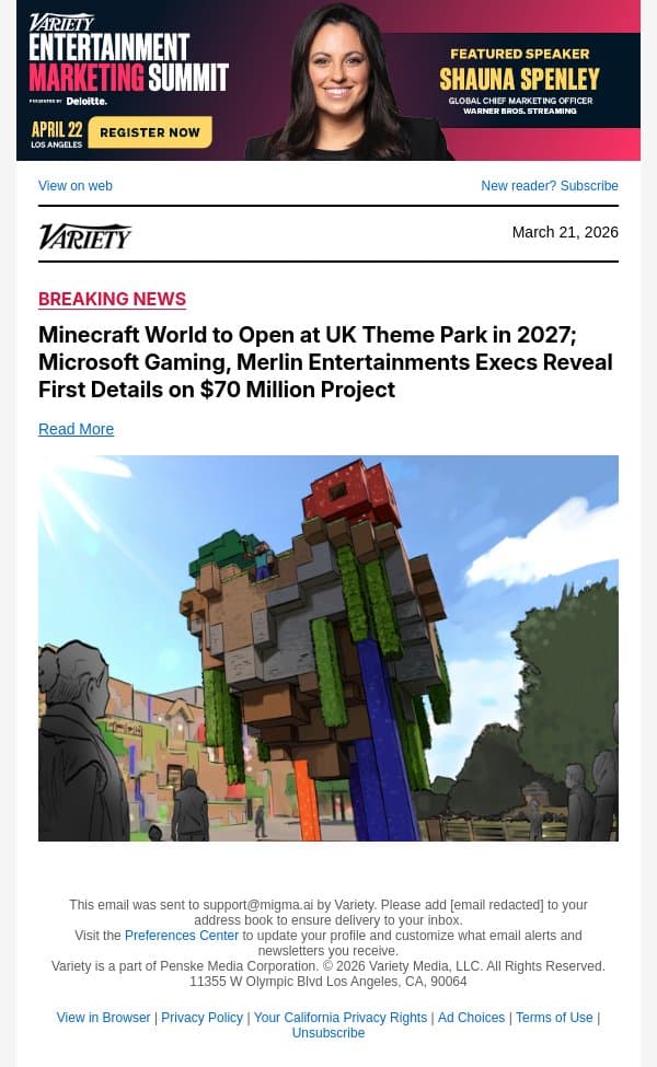 Minecraft World to Open at UK Theme Park in 2027; Microsoft Gaming, Merlin Entertainments Execs Reveal First Details on $70 Million Project email from Variety screenshot