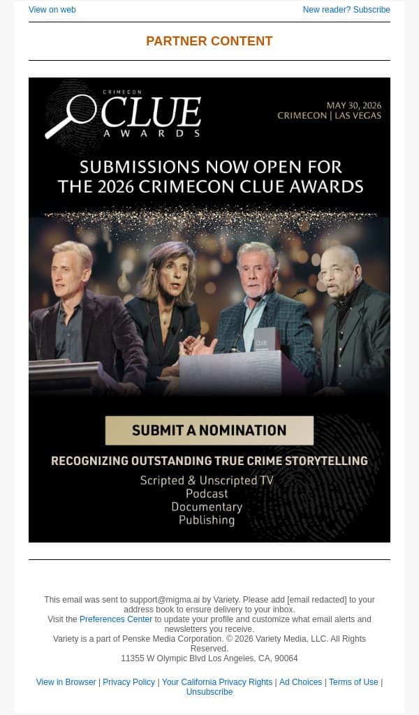 Submissions Now Open: 2026 CrimeCon CLUE Awards email from Variety screenshot