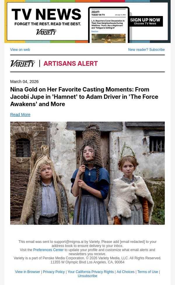 Nina Gold on Her Favorite Casting Moments: From Jacobi Jupe in 'Hamnet' to Adam Driver in 'The Force Awakens' and More email from Variety screenshot