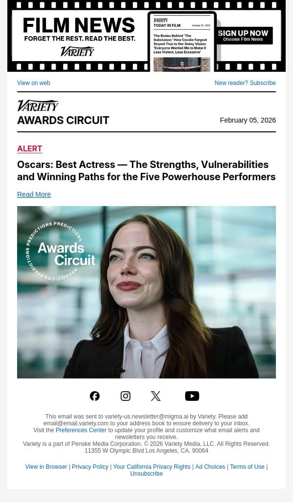 Oscars: Best Actress — The Strengths, Vulnerabilities and Winning Paths for the Five Powerhouse Performers email from Variety screenshot