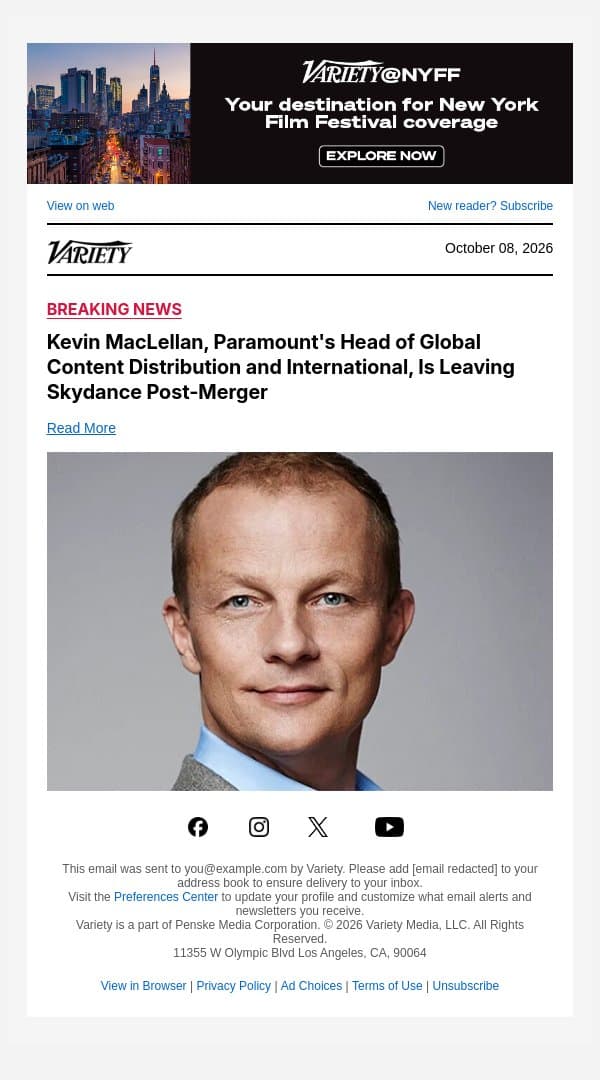 Kevin MacLellan, Paramount's Head of Global Content Distribution and International, Is Leaving Skydance Post-Merger email from Variety screenshot