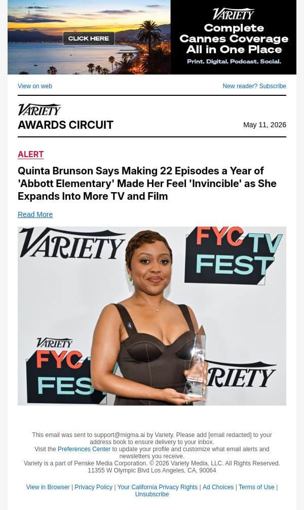 Quinta Brunson Says Making 22 Episodes a Year of 'Abbott Elementary' Made Her Feel 'Invincible' as She Expands Into More TV and Film email from Variety screenshot