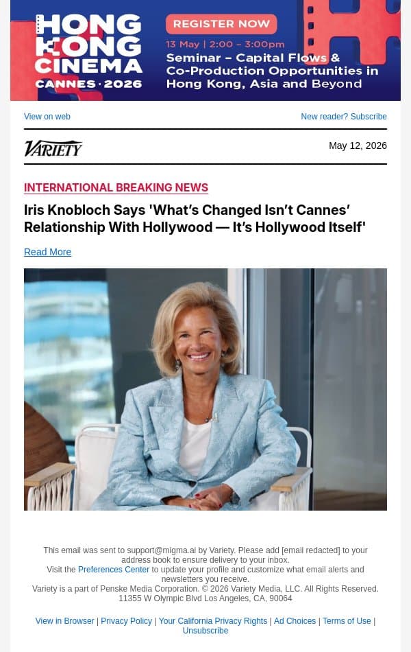Iris Knobloch Says 'What’s Changed Isn’t Cannes’ Relationship With Hollywood — It’s Hollywood Itself' email from Variety screenshot