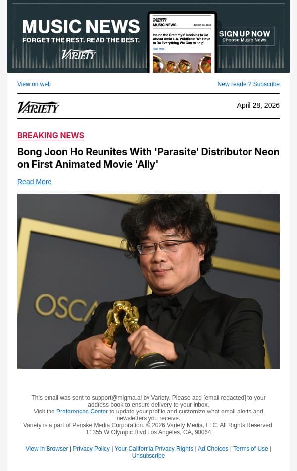 Bong Joon Ho Reunites With 'Parasite' Distributor Neon on First Animated Movie 'Ally' email from Variety screenshot