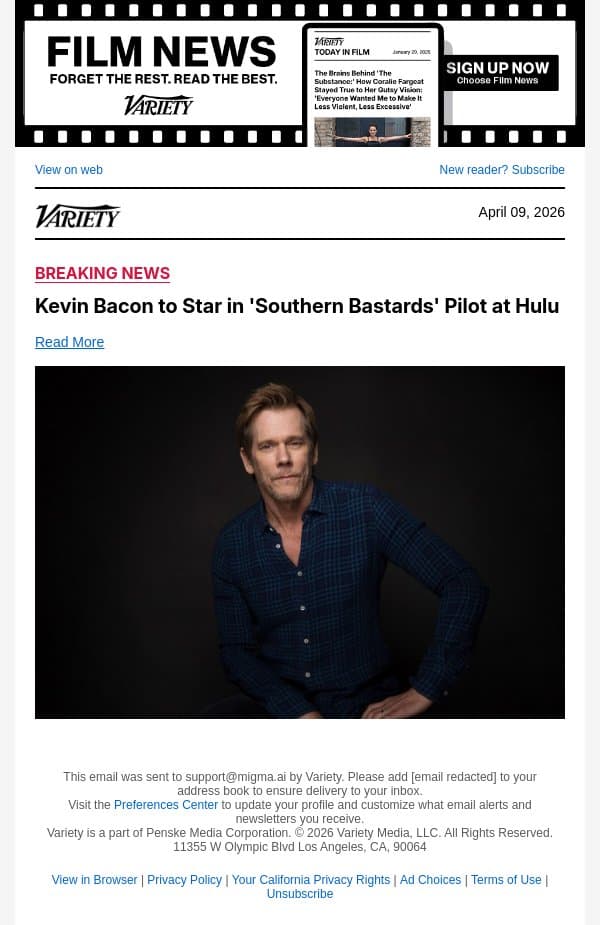 Kevin Bacon to Star in 'Southern Bastards' Pilot at Hulu email from Variety screenshot