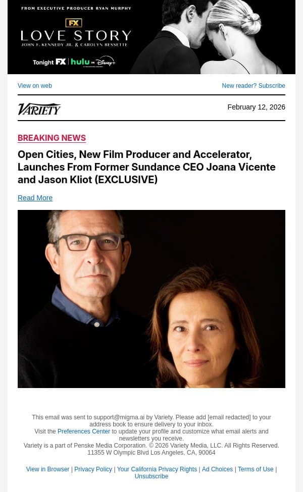 Open Cities, New Film Producer and Accelerator, Launches From Former Sundance CEO Joana Vicente and Jason Kliot (EXCLUSIVE) email from Variety screenshot