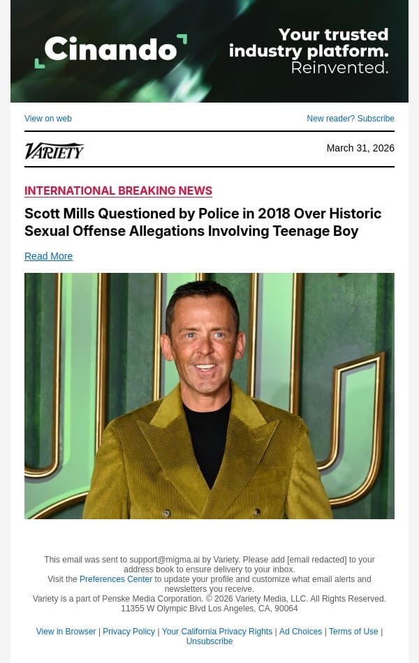 Scott Mills Questioned by Police in 2018 Over Historic Sexual Offense Allegations Involving Teenage Boy email from Variety screenshot