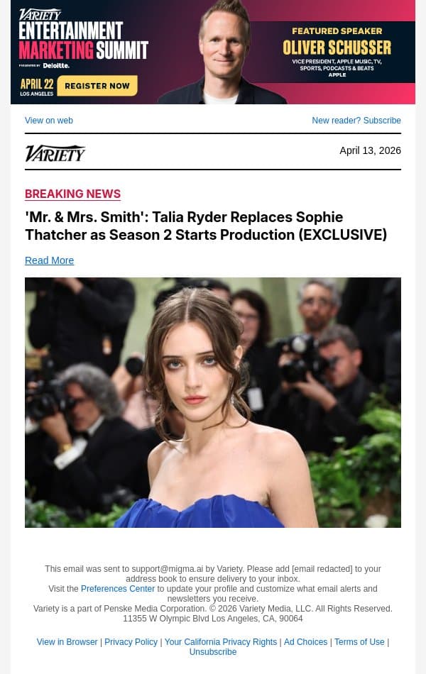 'Mr. and Mrs. Smith': Talia Ryder Replaces Sophie Thatcher as Season 2 Starts Production (EXCLUSIVE) email from Variety screenshot