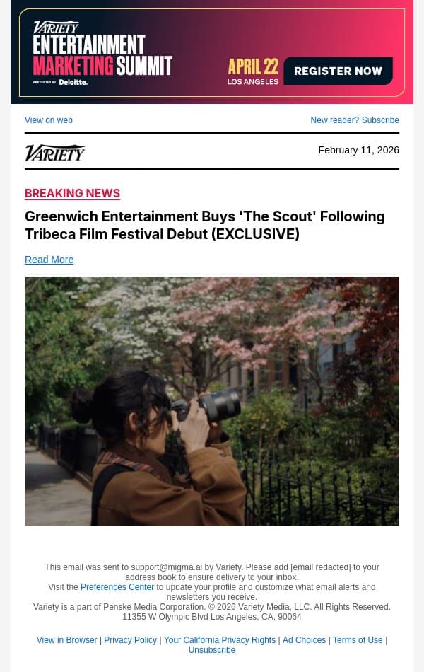 Greenwich Entertainment Buys 'The Scout' Following Tribeca Film Festival Debut (EXCLUSIVE) email from Variety screenshot