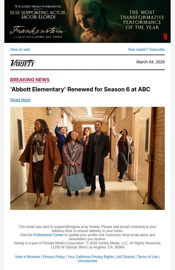 'Abbott Elementary' Renewed for Season 6 at ABC email from Variety screenshot