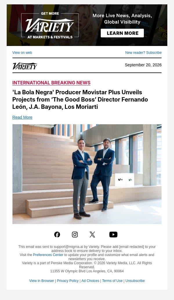 'La Bola Negra' Producer Movistar Plus Unveils Projects from ‘The Good Boss’ Director Fernando León, J.A. Bayona, Los Moriarti email from Variety screenshot