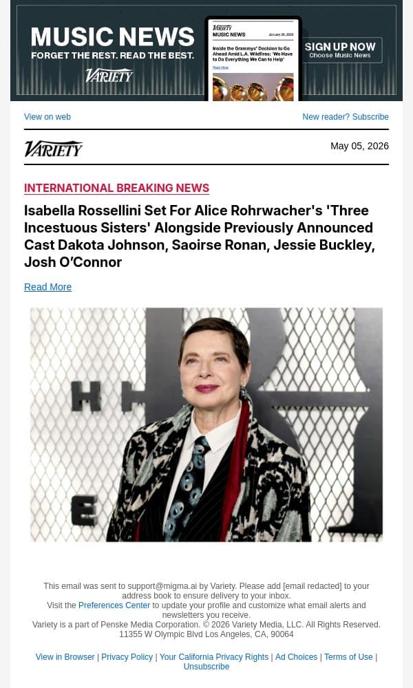 Isabella Rossellini Set For Alice Rohrwacher's 'Three Incestuous Sisters' Alongside Previously Announced Cast Dakota Johnson, Saoirse Ronan, Jessie Buckley, Josh O’Connor email from Variety screenshot
