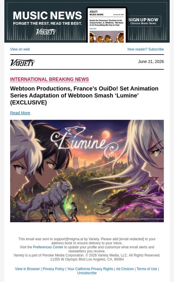 Webtoon Productions, France’s OuiDo! Set Animation Series Adaptation of Webtoon Smash ‘Lumine’ (EXCLUSIVE) email from Variety screenshot