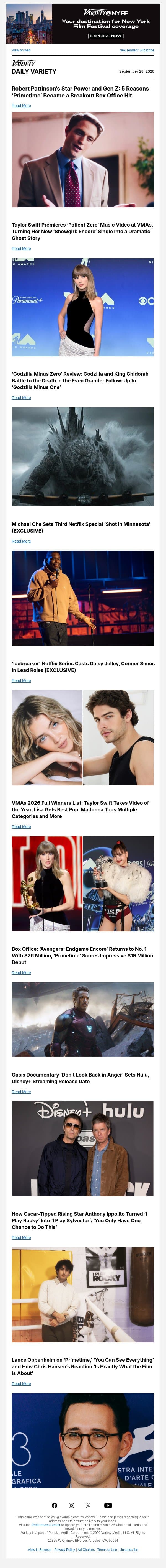 How 'Primetime' Became a Box Office Hit; Taylor Swift Premieres 'Patient Zero' Music Video at VMAs; 'Godzilla Minus Zero' Review email from Variety screenshot