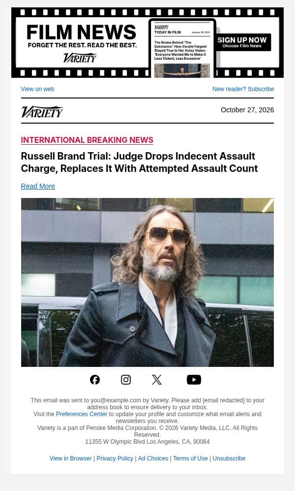 Russell Brand Trial: Judge Drops Indecent Assault Charge, Replaces It With Attempted Assault Count email from Variety screenshot
