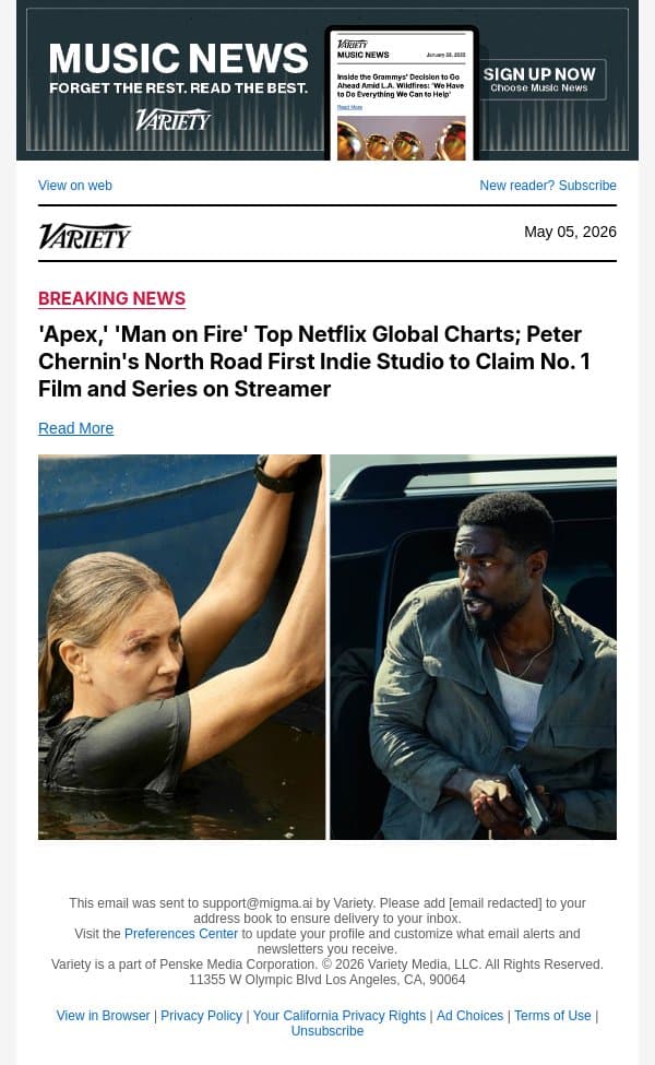 'Apex,' 'Man on Fire' Top Netflix Global Charts; Peter Chernin's North Road First Indie Studio to Claim No. 1 Film and Series on Streamer email from Variety screenshot