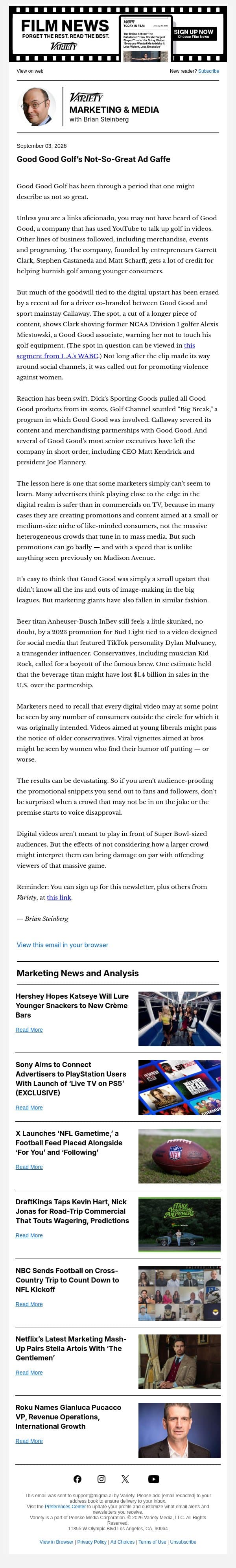 Marketing & Media Newsletter: Good Good Golf's Massive Ad Fail; Hershey's Katseye Alliance; Sony Offers PlayStation Views to FAST Advertisers; DraftKings' Big Sports Campaign; and More email from Variety screenshot