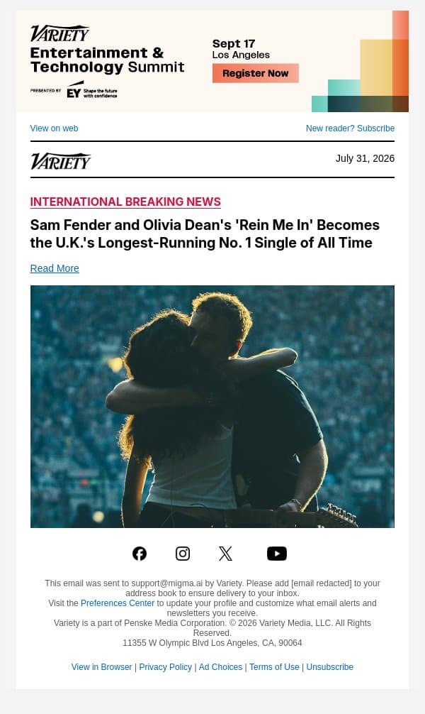 Sam Fender and Olivia Dean's 'Rein Me In' Becomes the U.K.'s Longest-Running No. 1 Single of All Time email from Variety screenshot