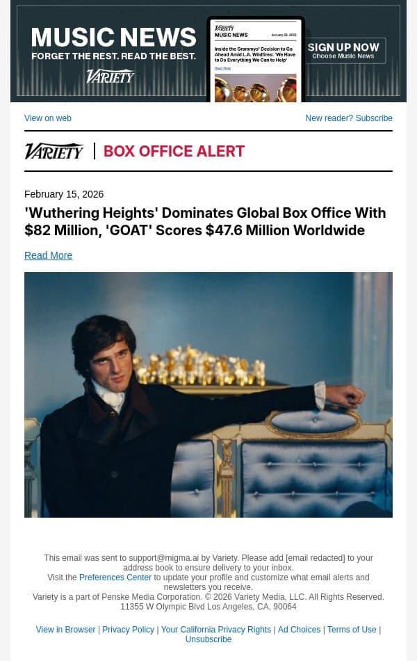 'Wuthering Heights' Dominates Global Box Office With $82 Million, 'GOAT' Scores $47.6 Million Worldwide email from Variety screenshot