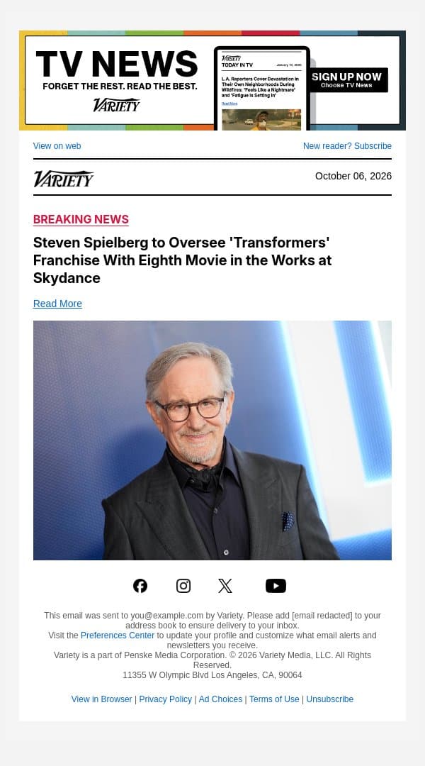 Steven Spielberg to Oversee 'Transformers' Franchise With Eighth Movie in the Works at Skydance email from Variety screenshot