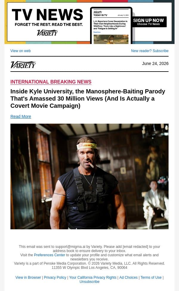 Inside Kyle University, the Manosphere-Baiting Parody That's Amassed 30 Million Views (And Is Actually a Covert Movie Campaign) email from Variety screenshot