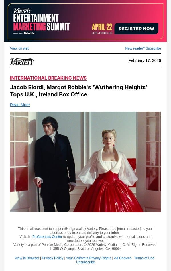 Jacob Elordi, Margot Robbie's ‘Wuthering Heights’ Tops U.K., Ireland Box Office email from Variety screenshot