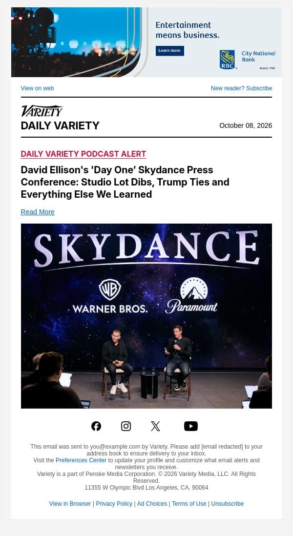 David Ellison's 'Day One’ Skydance Press Conference: Studio Lot Dibs, Trump Ties and Everything Else We Learned email from Variety screenshot
