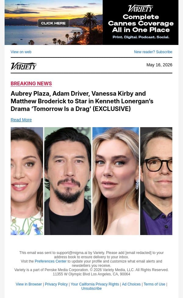 Aubrey Plaza, Adam Driver, Vanessa Kirby and Matthew Broderick to Star in Kenneth Lonergan’s Drama ‘Tomorrow Is a Drag’ (EXCLUSIVE) email from Variety screenshot
