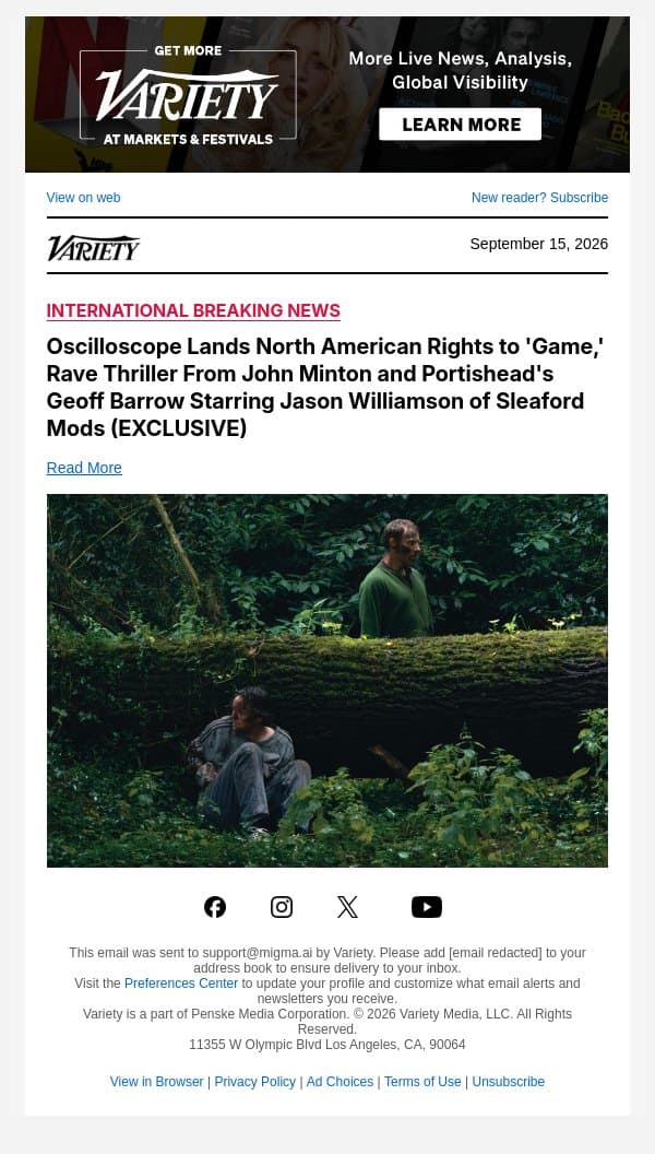 Oscilloscope Lands North American Rights to 'Game,' Rave Thriller From John Minton and Portishead's Geoff Barrow Starring Jason Williamson of Sleaford Mods (EXCLUSIVE) email from Variety screenshot