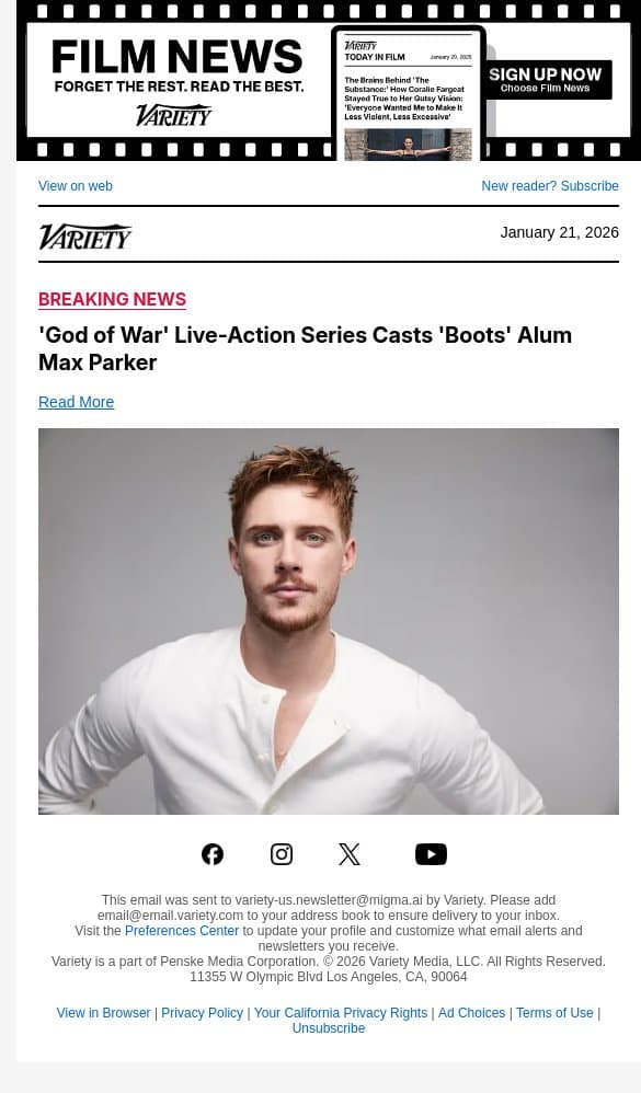 'God of War' Live-Action Series Casts 'Boots' Alum Max Parker email from Variety screenshot