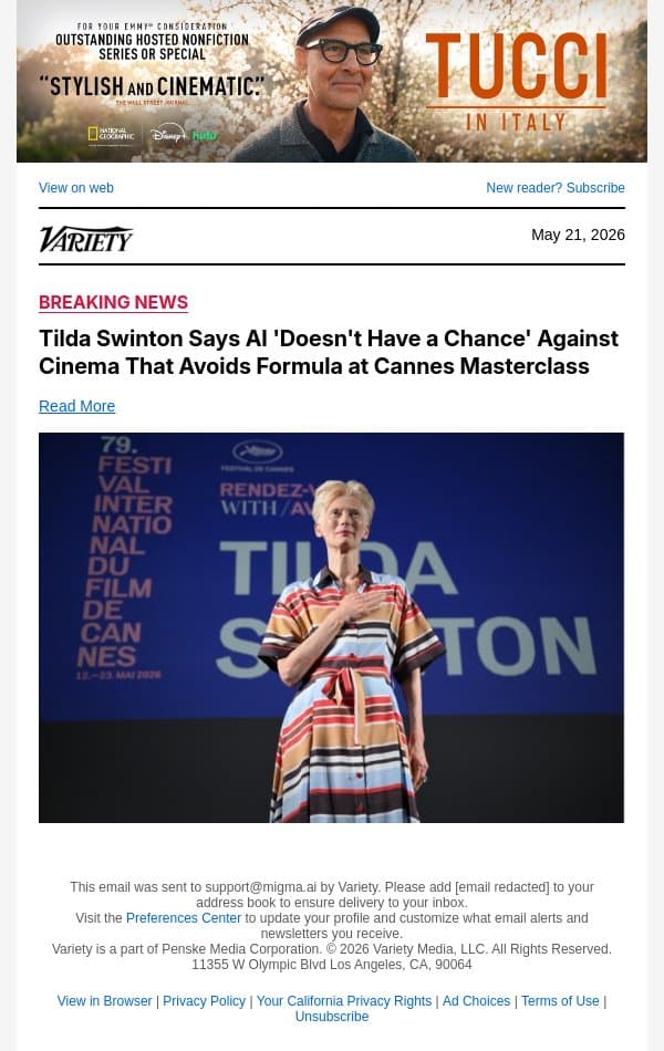Tilda Swinton Says AI 'Doesn't Have a Chance' Against Cinema That Avoids Formula at Cannes Masterclass email from Variety screenshot