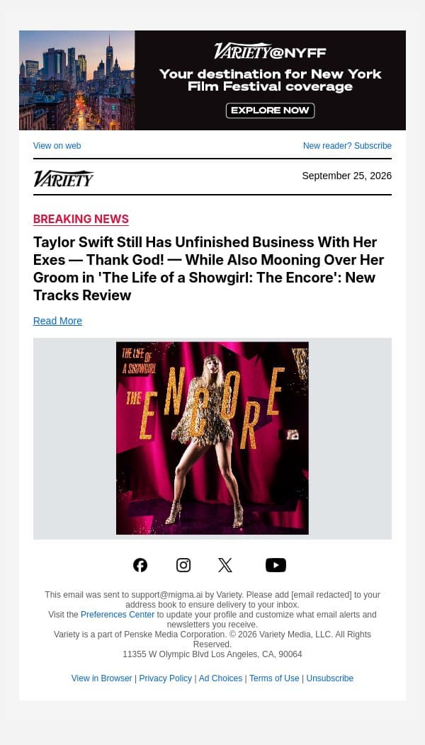 Taylor Swift Still Has Unfinished Business With Her Exes — Thank God! — While Also Mooning Over Her Groom in 'The Life of a Showgirl: The Encore': New Tracks Review email from Variety screenshot